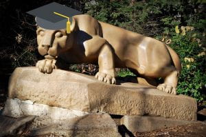 Nittany Lion Shrine with graduation cap